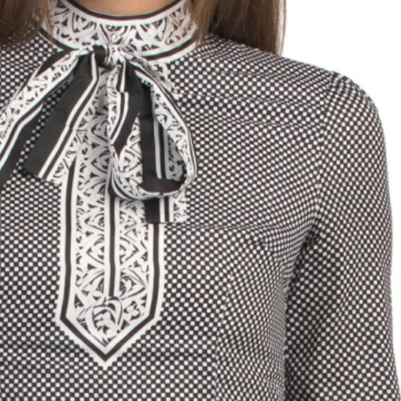 DALIA MACPHEE Long Sleeve Tie Neck Border Print Mini Dress - Picture 3 of 4